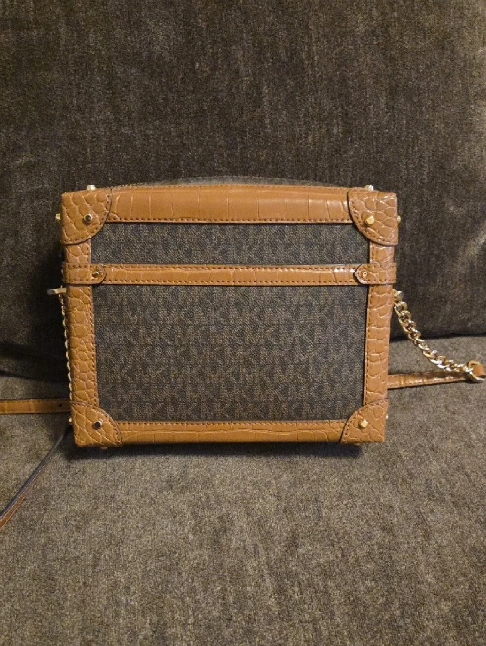 Michael Kors Brown Logo Trunk Crossbody with Gold Chain